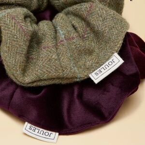 Joules Annika Green Tweed & Burgundy Velvet Scrunchie 2 Pack